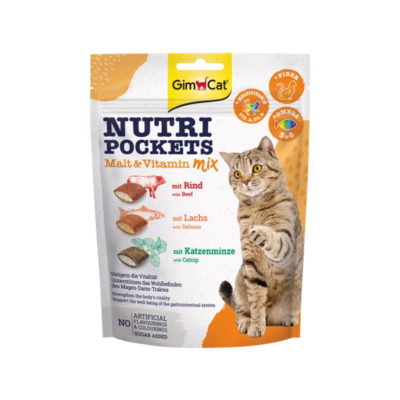 تشویقی مغزدار بیف و سالمون و کت نیپ جیم کت 150 گرمی | GimCat Nutri Pockets Multi Vitamin & Malt